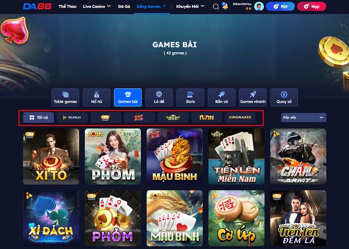 Các sảnh cược có tại Game Bài DA88